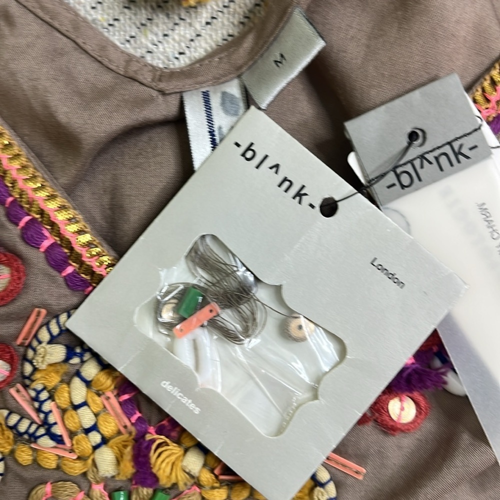 anthropologie blank london taupe tie neck beaded neckline flutter sleeve top - Picture 12 of 17